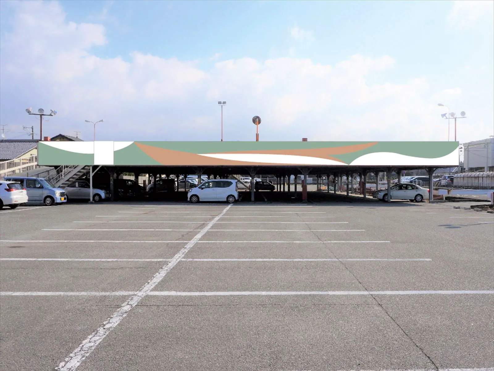 荒尾市 店舗・立体駐車場 外壁デザイン塗装の施工写真